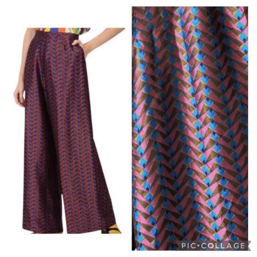 Etro Red and Blue Wide Leg Pants metallic jacquard Geometric 38 - Picture 3 of 12